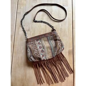 Brown Turquoise Studded Fringe Western Boho Chain Crossbody Shoulder Bag